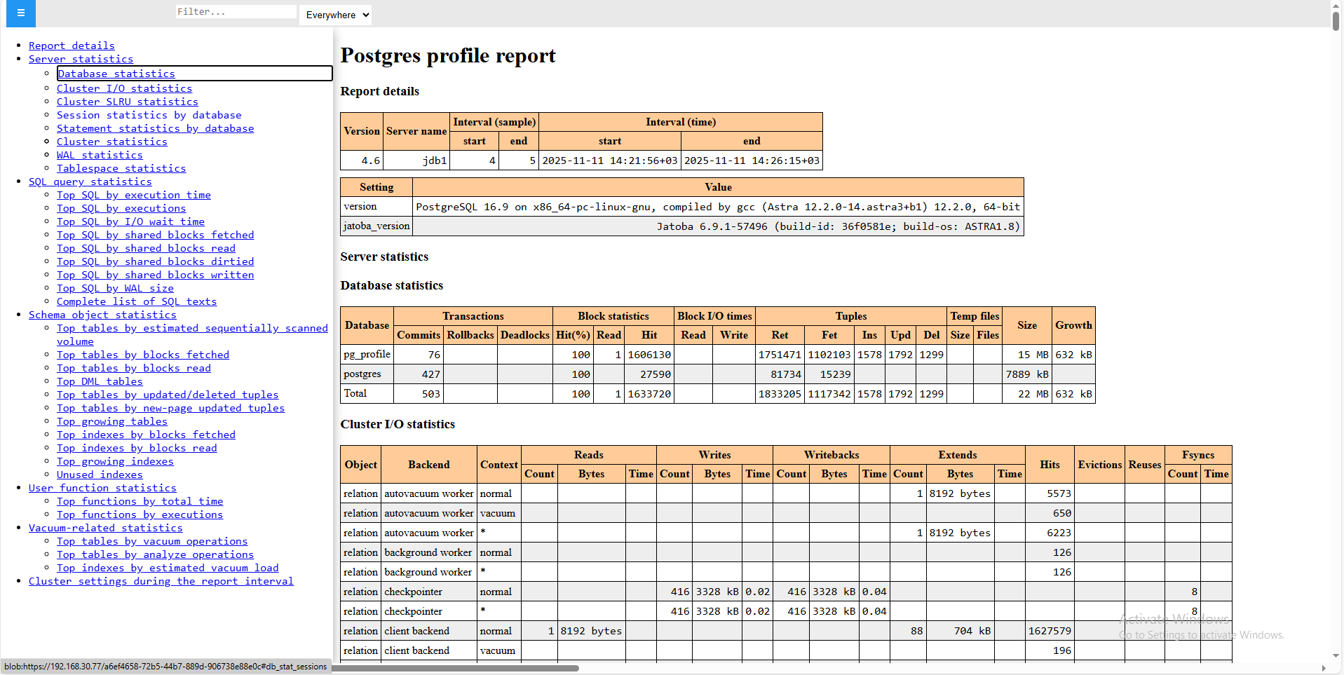Отчёт профиля Postgres — таблица запросов и навигация по метрикам производительности