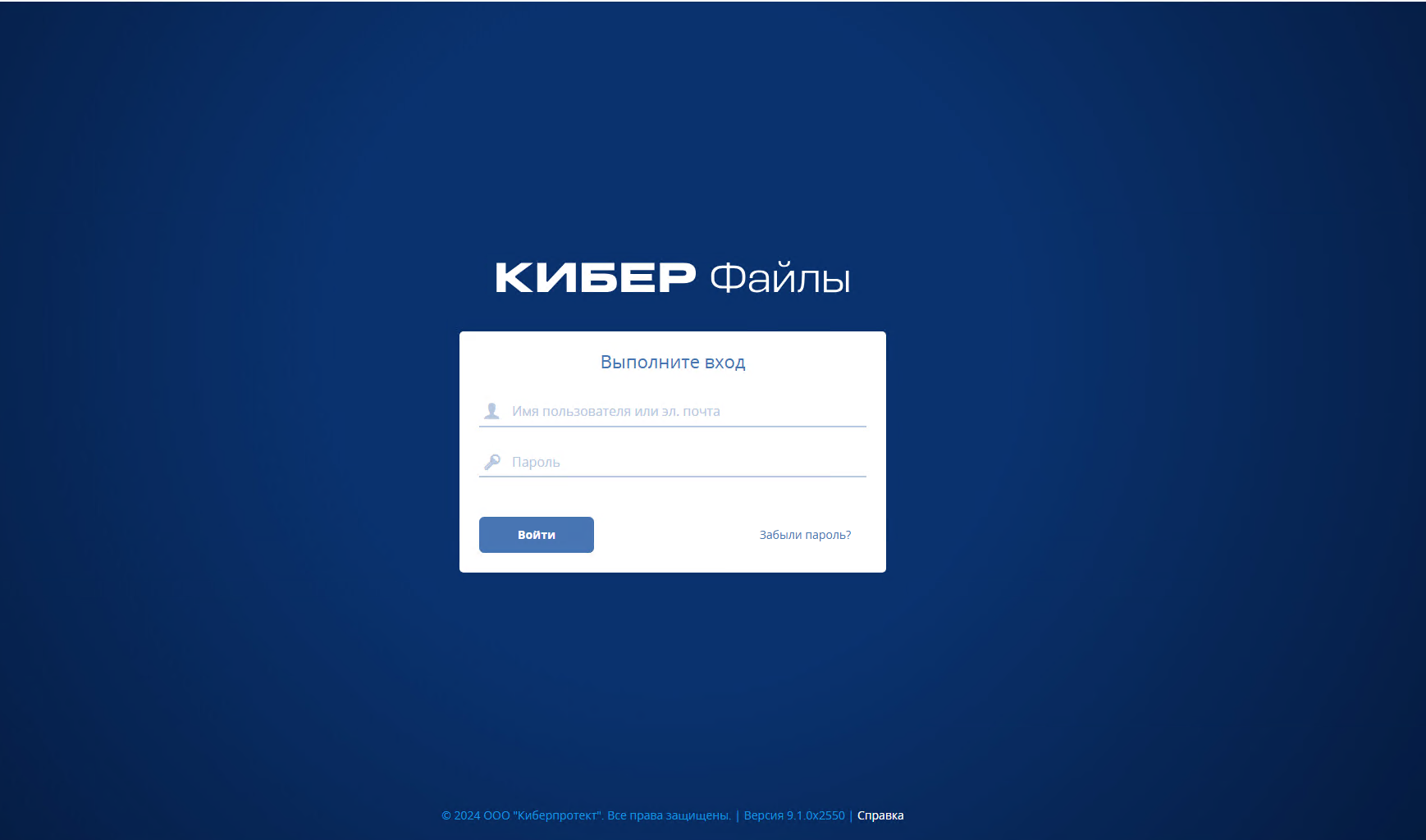 Экран входа в систему Кибер Файлы — авторизация пользователя