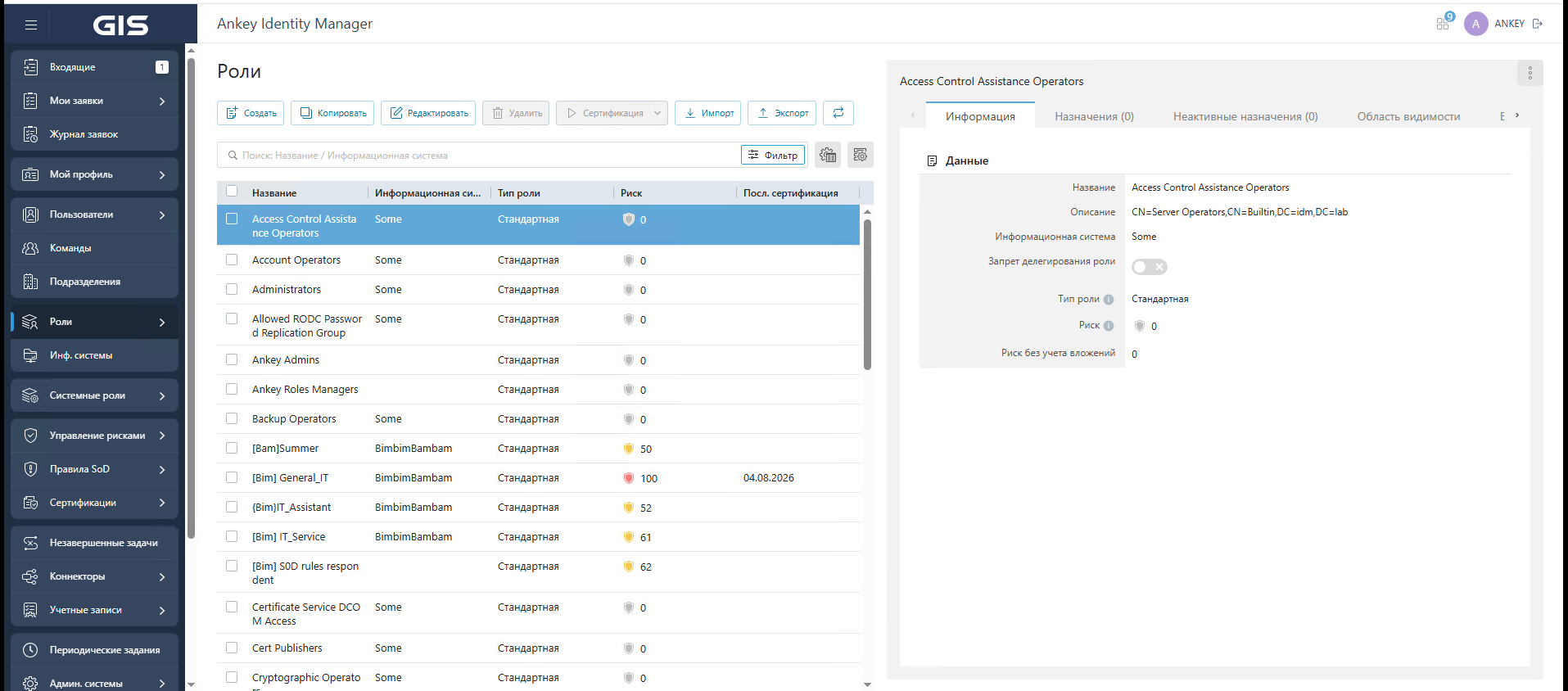 Ankey IDM — интерфейс Actio Identity Manager